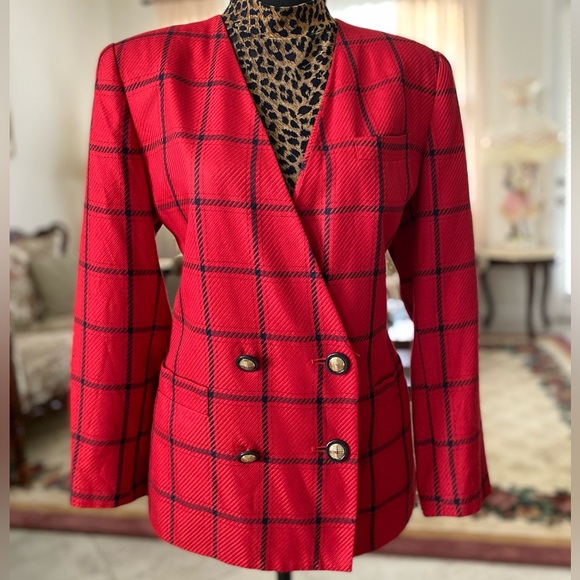 Jackets & Blazers - Classic Red Windowpane Double-Breasted Blazer